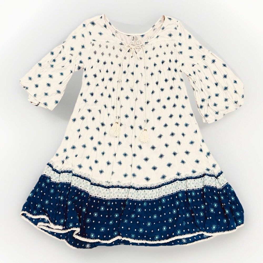 Mudd Juniors Small Y2K Boho Peasant Dress Cream Blue Babydoll Bell Sleeves